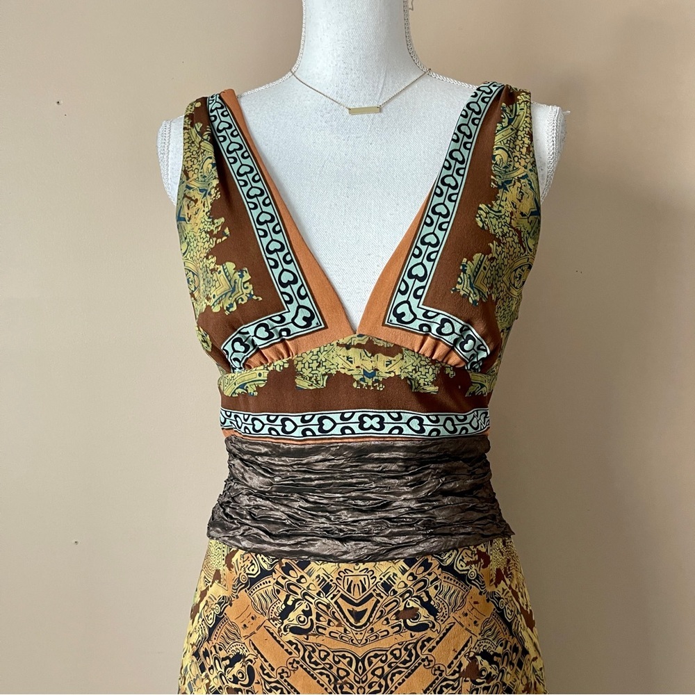 NICOLE MILLER | 100% Silk Patterned Deep V-neck Midi Cocktail Dress Sz 4 - Picture 3 of 9